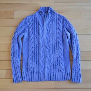 LL Bean Full Zip Cable Knit Sweater Light Blue Size M